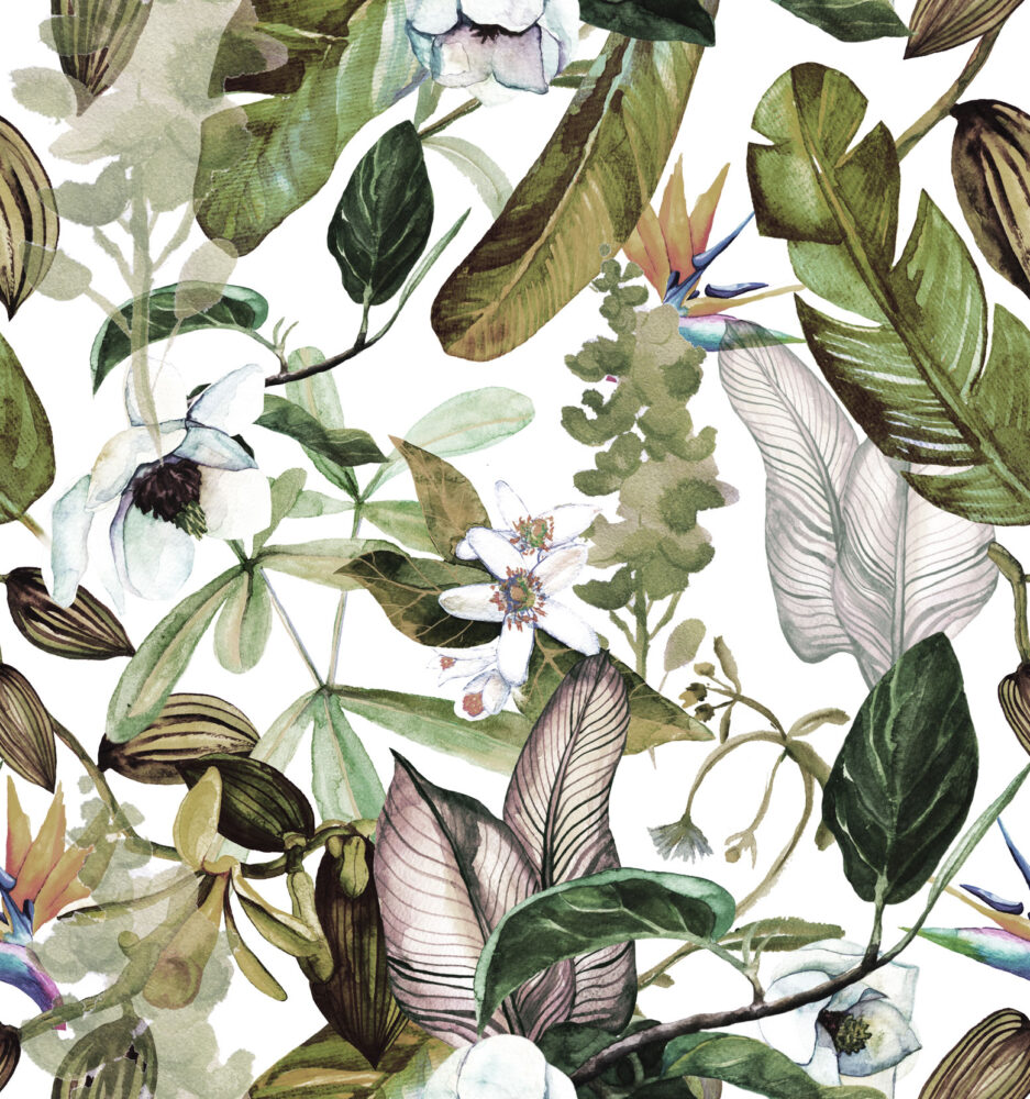 Watercolour Botanical Wallpaper : Green Leaves and White Blossoms Pattern - flat design
