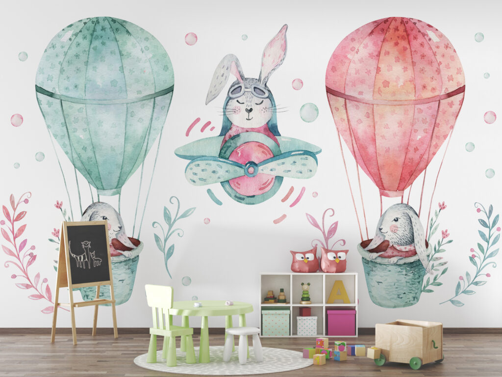 Bunny Balloon Wallpaper : Watercolor Kids Sky Mural