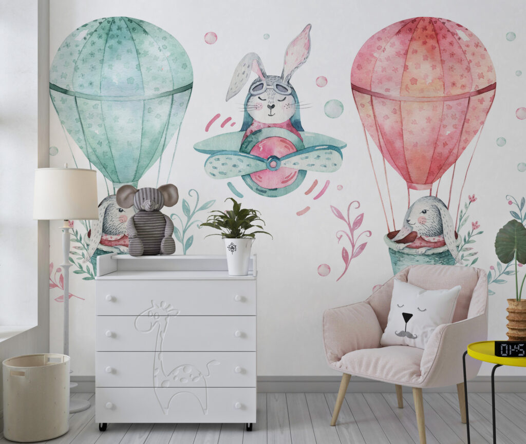 Bunny Balloon Wallpaper : Watercolor Kids Sky Mural - View 3