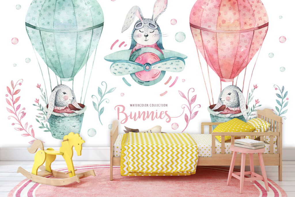 Bunny Balloon Wallpaper : Watercolor Kids Sky Mural - View 6