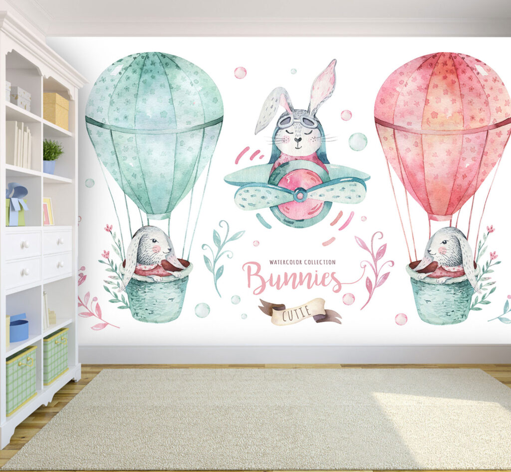 Bunny Balloon Wallpaper : Watercolor Kids Sky Mural - View 5