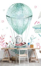 Bunny Balloon Wallpaper : Watercolor Kids Sky Mural - View 4