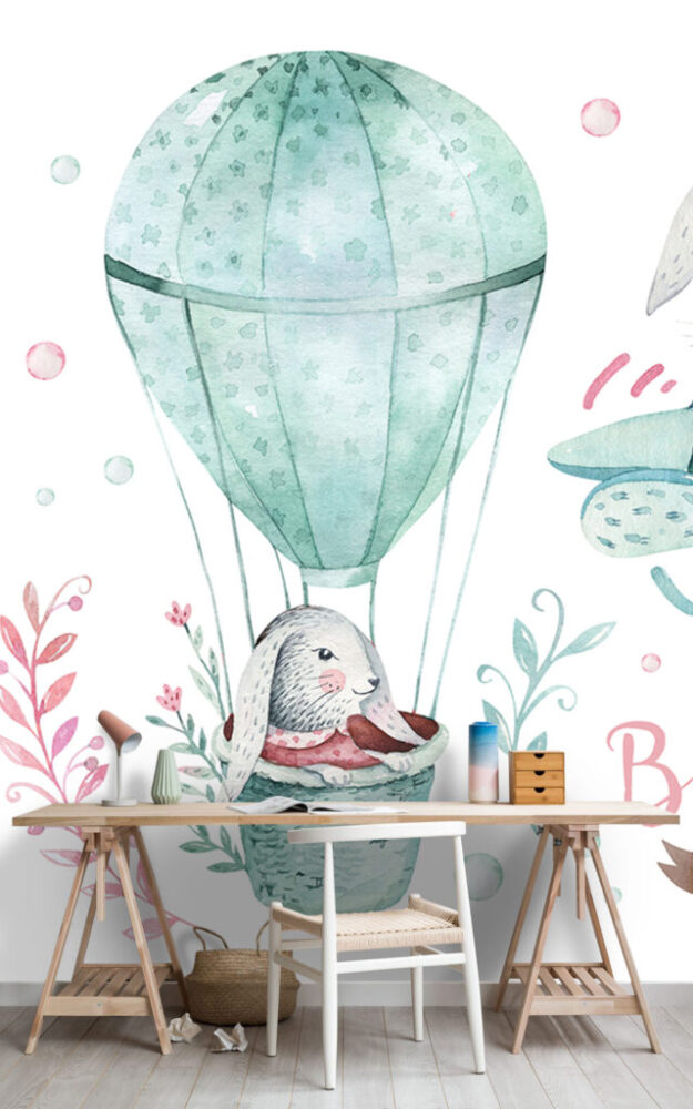 Bunny Balloon Wallpaper : Watercolor Kids Sky Mural - View 4