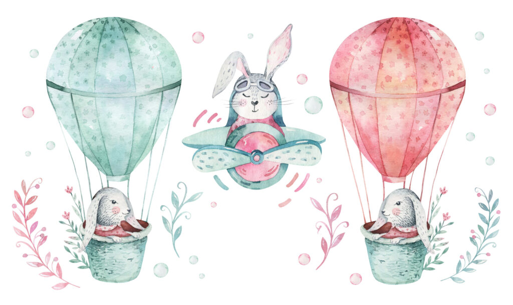 Bunny Balloon Wallpaper : Watercolor Kids Sky Mural - View 2