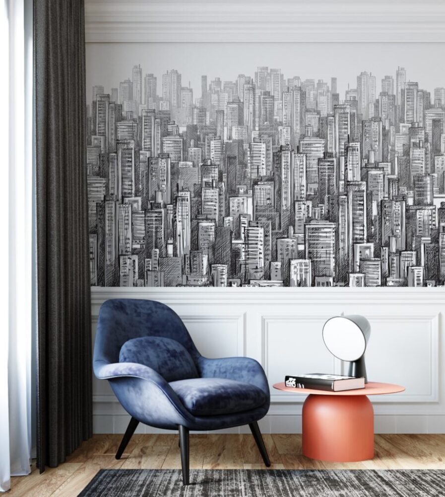Pencil Sketch City Wallpaper : Black And White Skyline Mural