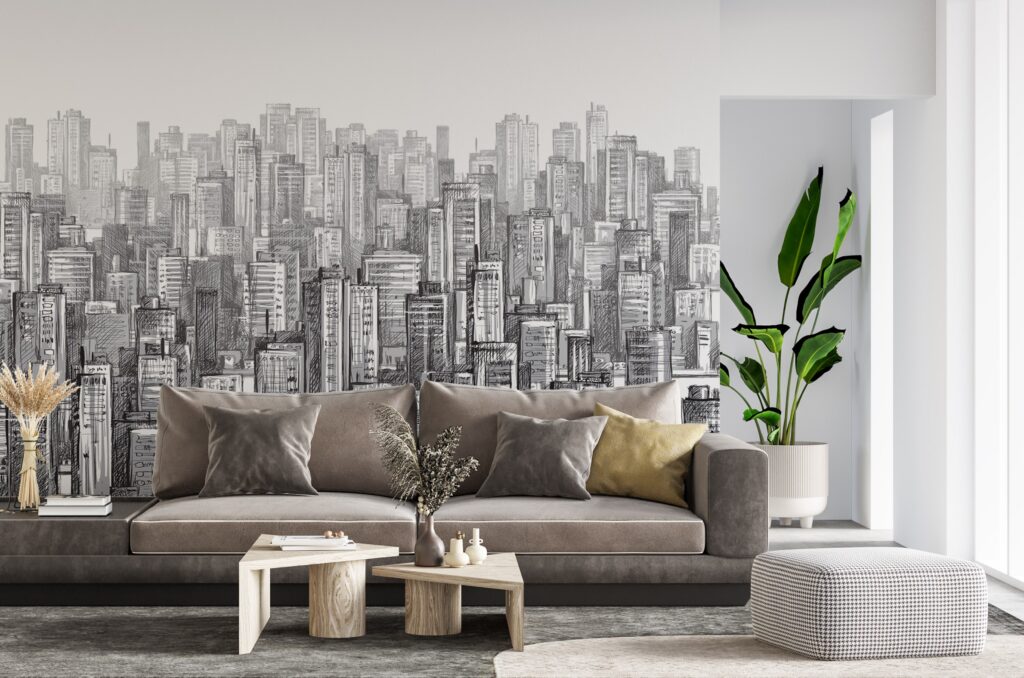 Pencil Sketch City Wallpaper : Black And White Skyline Mural - View 3