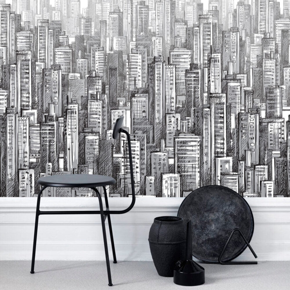 Pencil Sketch City Wallpaper : Black And White Skyline Mural - View 5