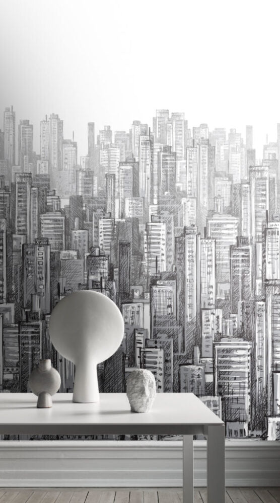 Pencil Sketch City Wallpaper : Black And White Skyline Mural - View 6