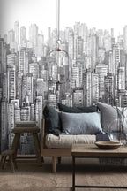 Pencil Sketch City Wallpaper : Black And White Skyline Mural - View 4