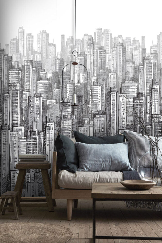 Pencil Sketch City Wallpaper : Black And White Skyline Mural - View 4