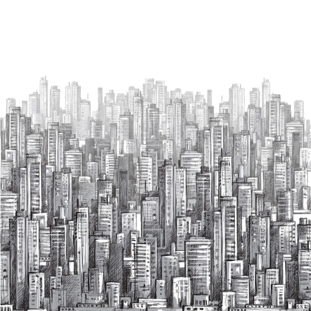 Pencil Sketch City Wallpaper : Black And White Skyline Mural - View 2
