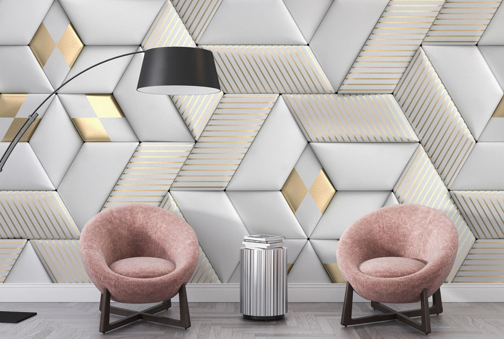 3D Geometric Wallpaper : White Leather Cube Panels with Gold Stripes - View 2