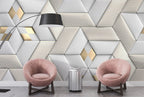 3D Geometric Wallpaper : White Leather Cube Panels with Gold Stripes - View 2