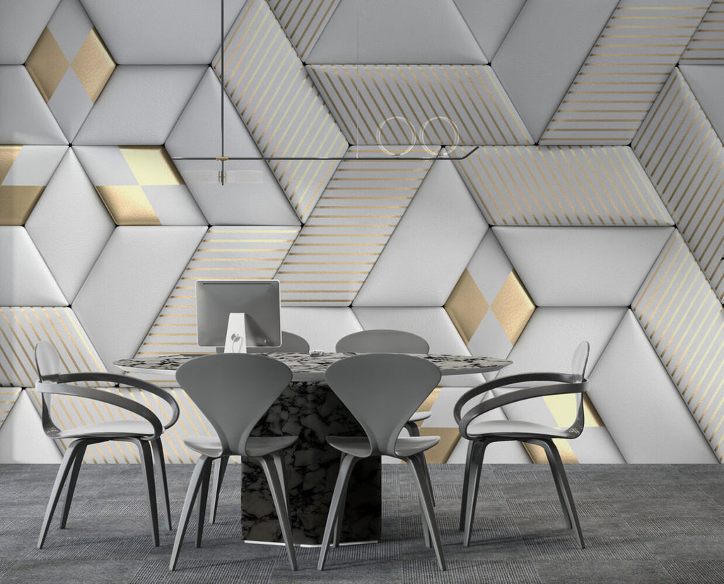 3D Geometric Wallpaper : White Leather Cube Panels with Gold Stripes - View 3