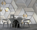 3D Geometric Wallpaper : White Leather Cube Panels with Gold Stripes - View 3