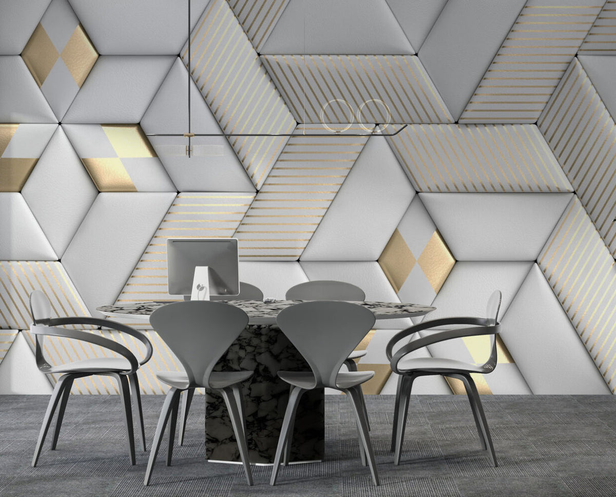 3D Geometric Wallpaper : White Leather Cube Panels with Gold Stripes - View 3