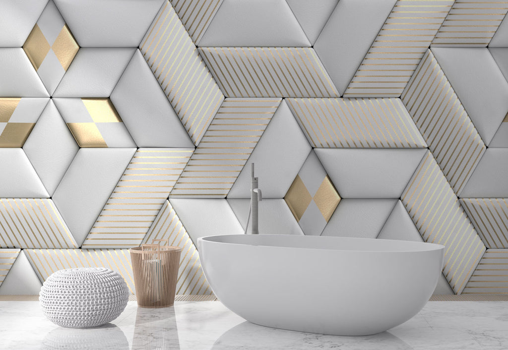 3D Geometric Wallpaper : White Leather Cube Panels with Gold Stripes