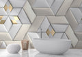 3D Geometric Wallpaper : White Leather Cube Panels with Gold Stripes