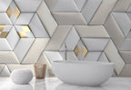 3D Geometric Wallpaper : White Leather Cube Panels with Gold Stripes