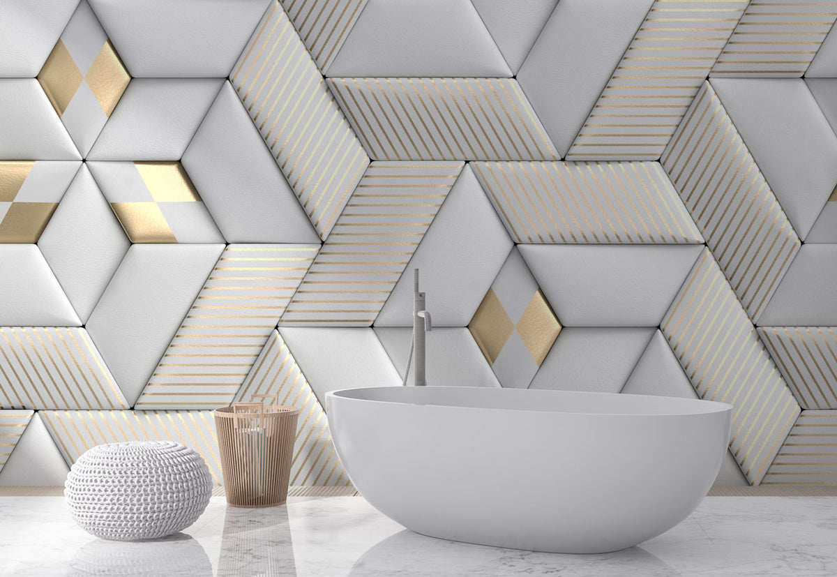 3D Geometric Wallpaper : White Leather Cube Panels with Gold Stripes