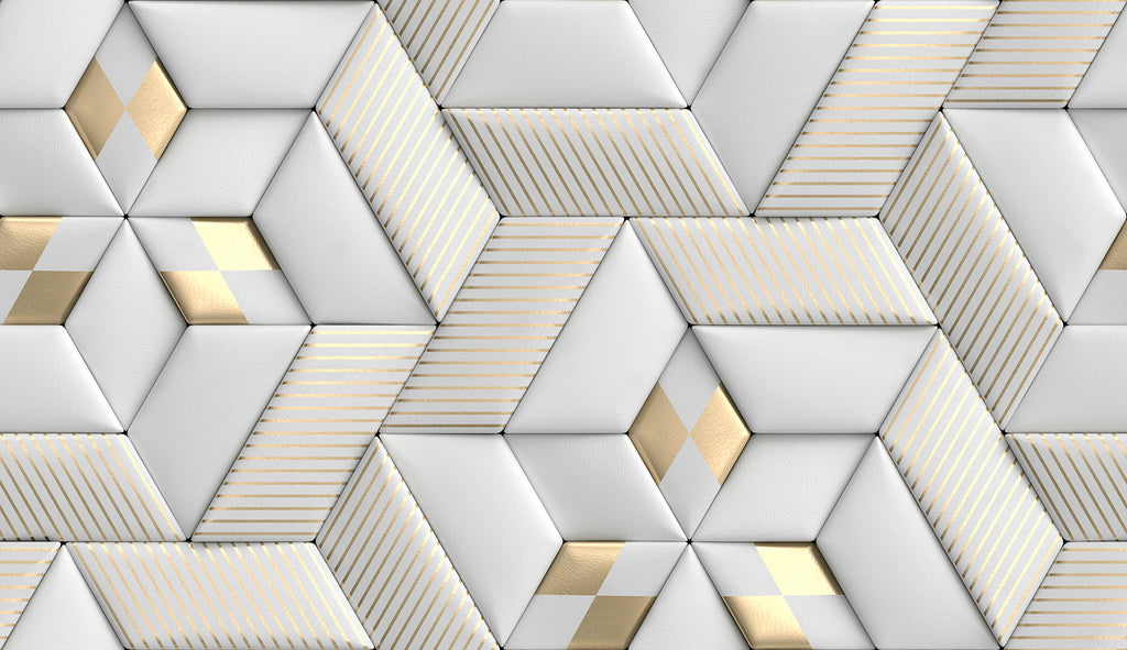 3D Geometric Wallpaper : White Leather Cube Panels with Gold Stripes - flat design
