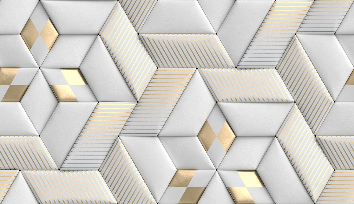 3D Geometric Wallpaper : White Leather Cube Panels with Gold Stripes - flat design