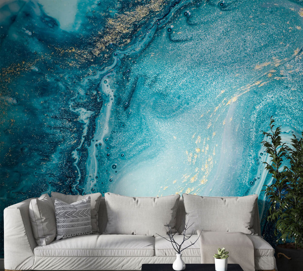Turquoise Marble Wallpaper : Gold Fleck Agate Mural - View 3
