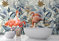Flamingo Wallpaper : Blue Tropical Leaves and Pink Flamingos Mural