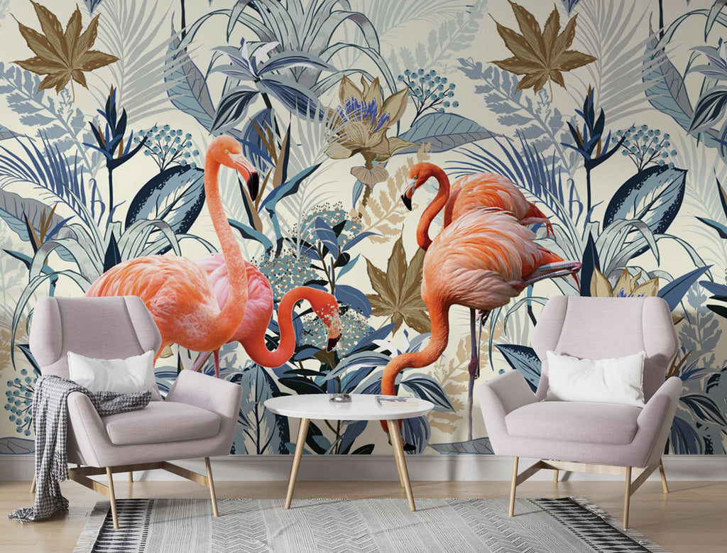 Flamingo Wallpaper : Blue Tropical Leaves and Pink Flamingos Mural - View 2