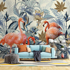 Flamingo Wallpaper : Blue Tropical Leaves and Pink Flamingos Mural - View 3