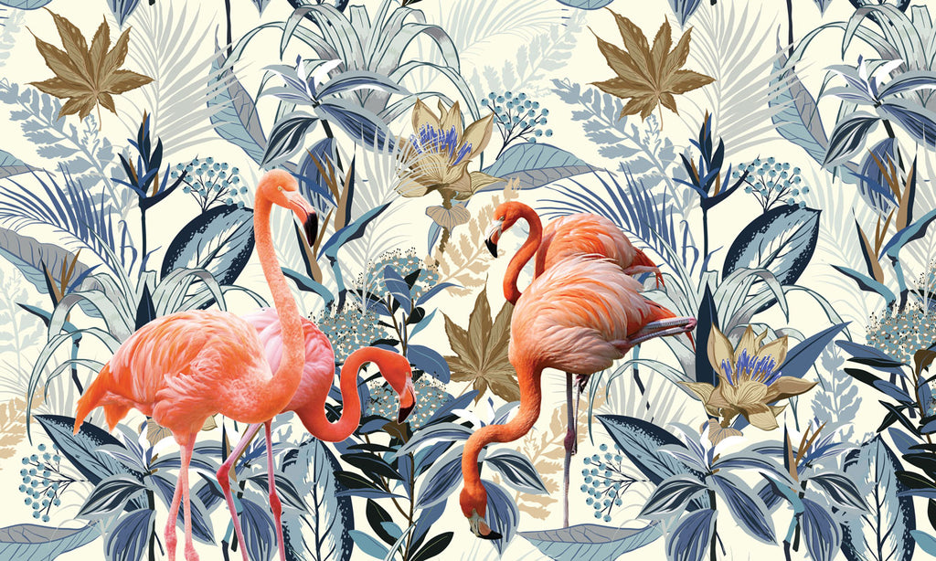 Flamingo Wallpaper : Blue Tropical Leaves and Pink Flamingos Mural - flat design