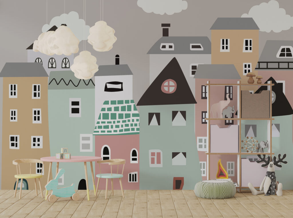 Scandinavian Houses Wallpaper : Pastel Kids Town Mural