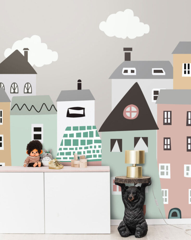 Scandinavian Houses Wallpaper : Pastel Kids Town Mural - View 6