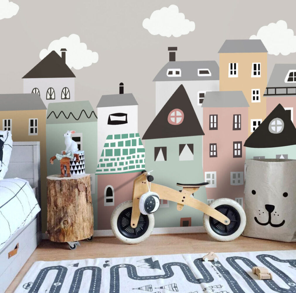 Scandinavian Houses Wallpaper : Pastel Kids Town Mural - View 5