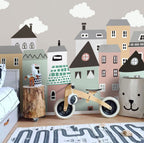 Scandinavian Houses Wallpaper : Pastel Kids Town Mural - View 5