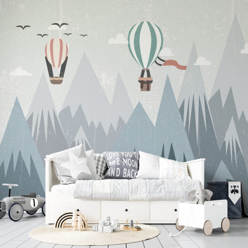 Pastel Mountain Wallpaper : Balloons And Birds Kids Mural