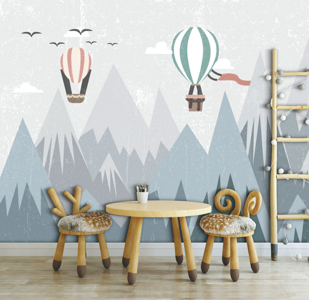 Pastel Mountain Wallpaper : Balloons And Birds Kids Mural - View 5