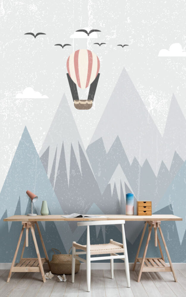 Pastel Mountain Wallpaper : Balloons And Birds Kids Mural - View 4