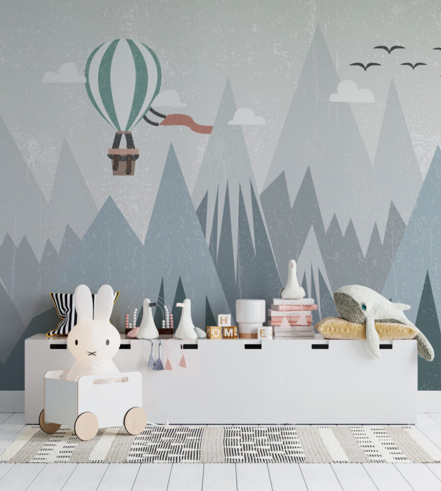 Pastel Mountain Wallpaper : Balloons And Birds Kids Mural - View 3