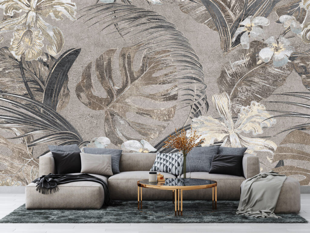 Grey Textured Leaf Wallpaper : Lace Foliage Mural