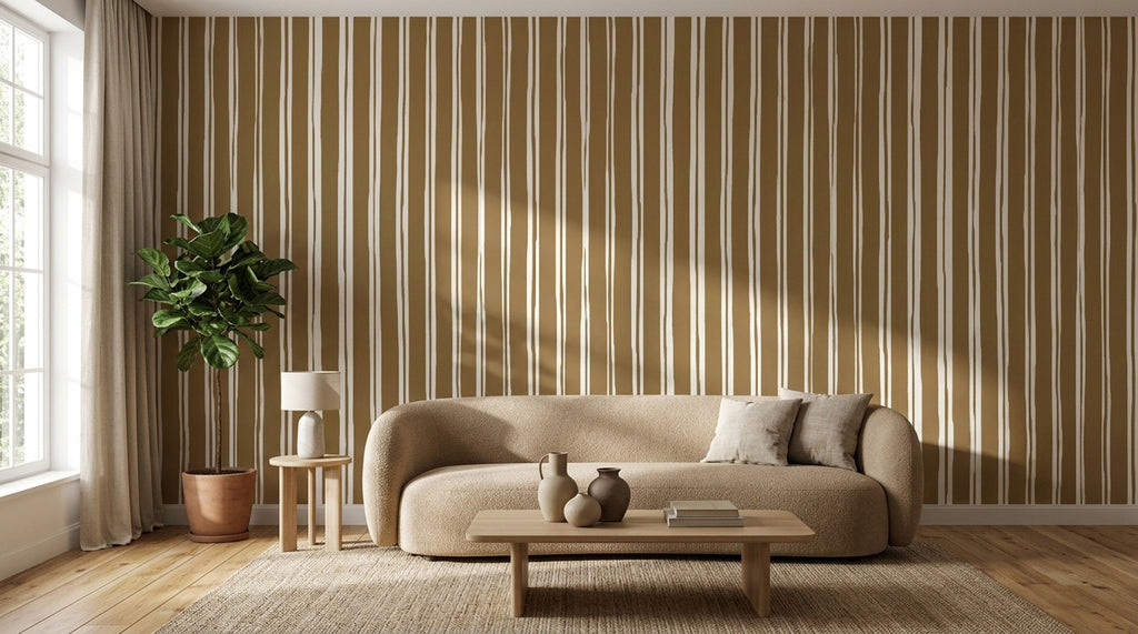 Warm Sand Stripe Wallpaper : Textured Vertical Line Mural - View 4