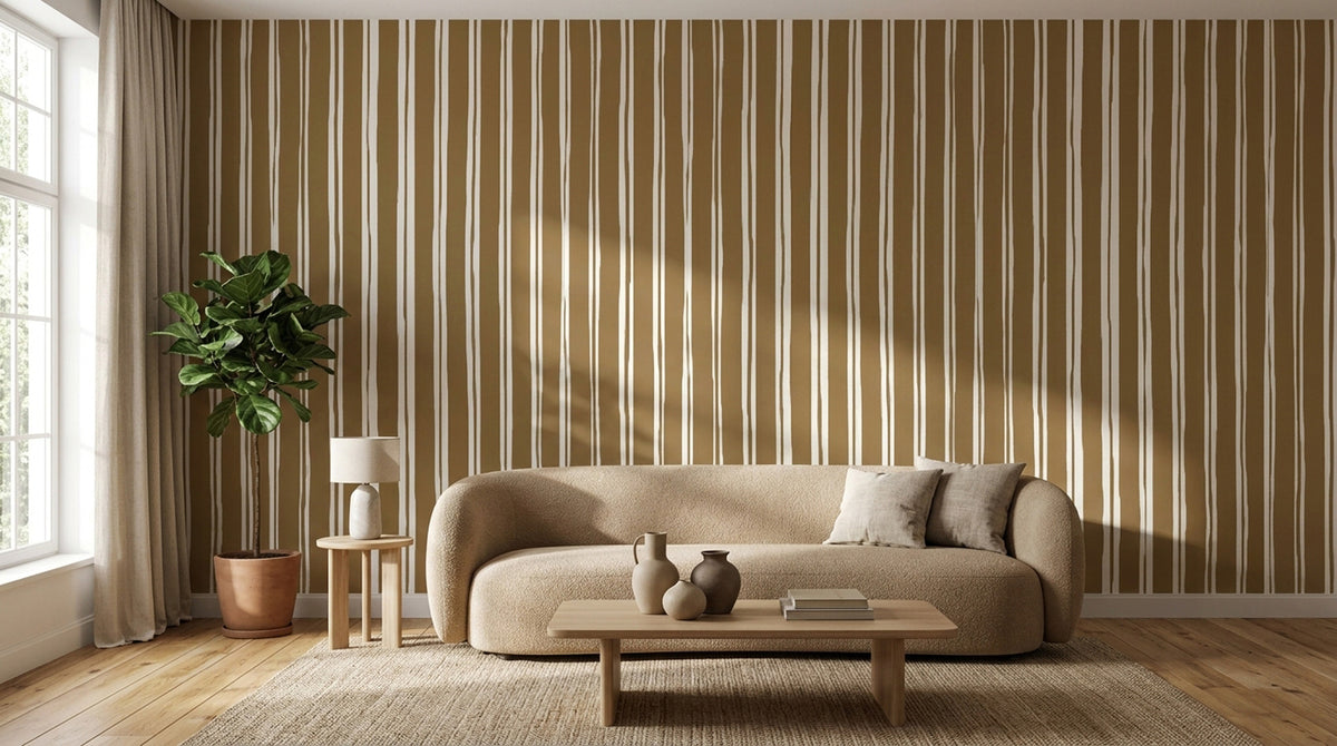Warm Sand Stripe Wallpaper : Textured Vertical Line Mural - View 4