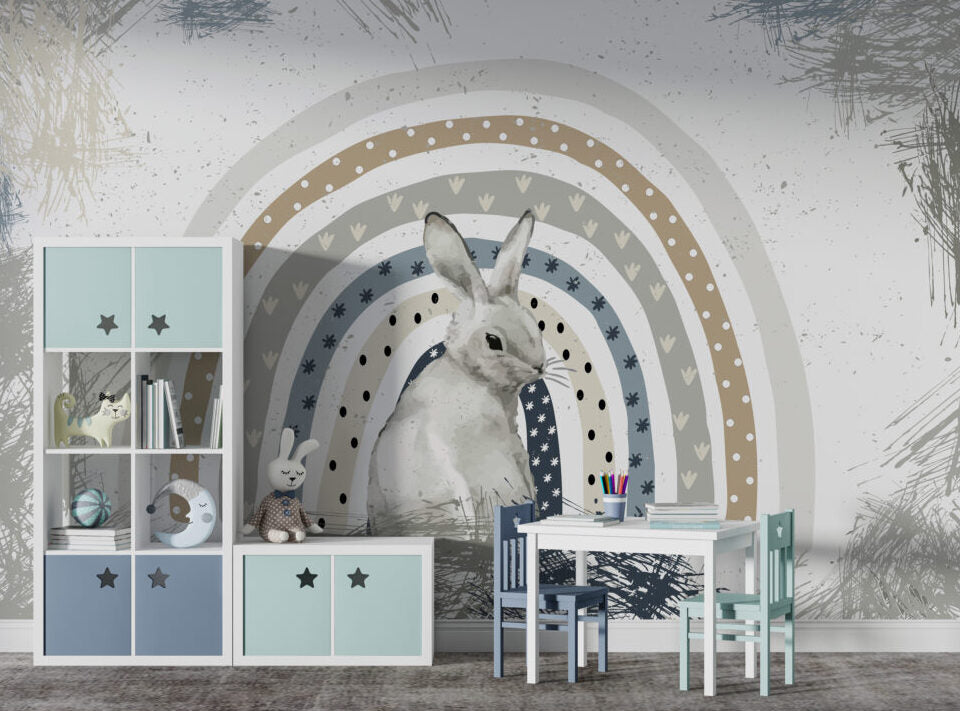 Bunny Rainbow Wallpaper : Grey Rabbit Nursery Mural