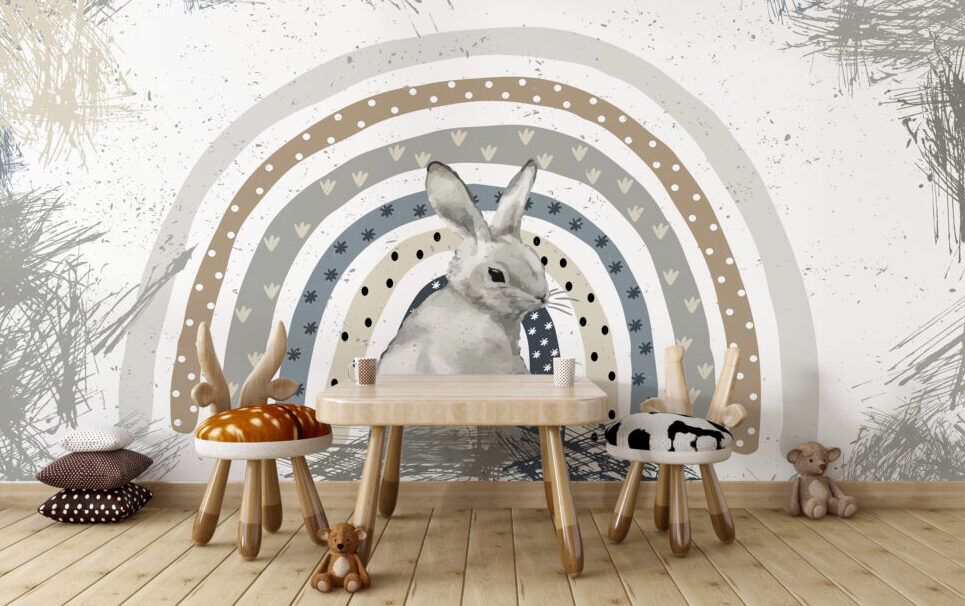 Bunny Rainbow Wallpaper : Grey Rabbit Nursery Mural - View 2