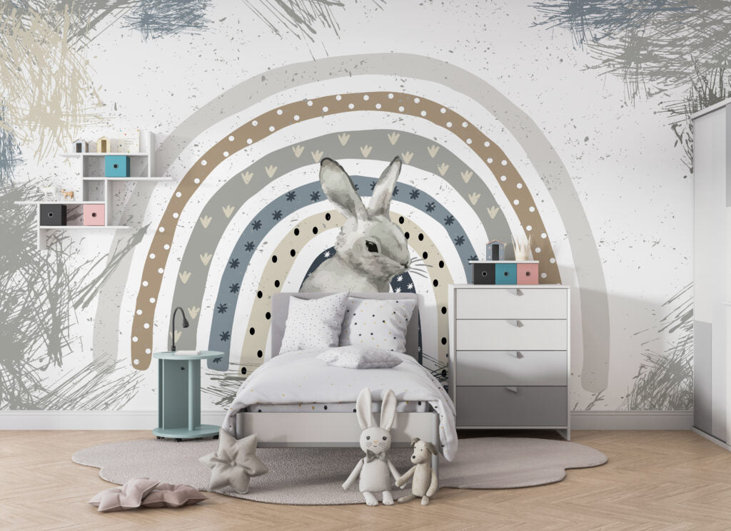 Bunny Rainbow Wallpaper : Grey Rabbit Nursery Mural - View 5