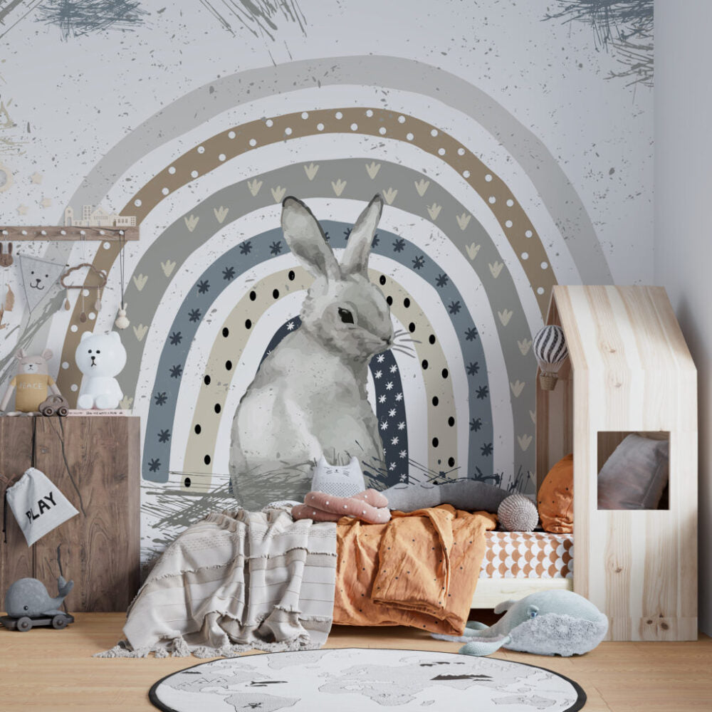 Bunny Rainbow Wallpaper : Grey Rabbit Nursery Mural - View 4