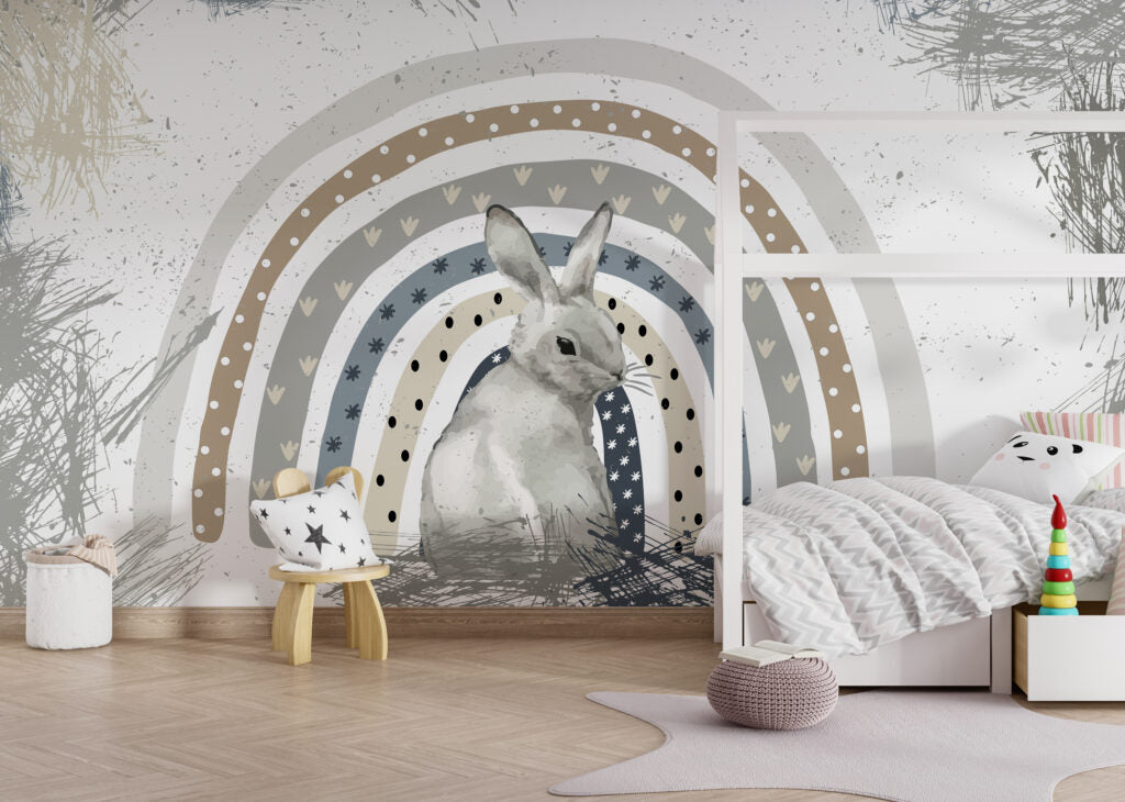 Bunny Rainbow Wallpaper : Grey Rabbit Nursery Mural - View 3