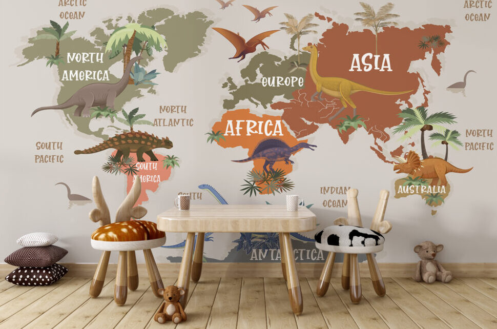 Dinosaur World Map Wallpaper : Kids Continents Mural - View 5