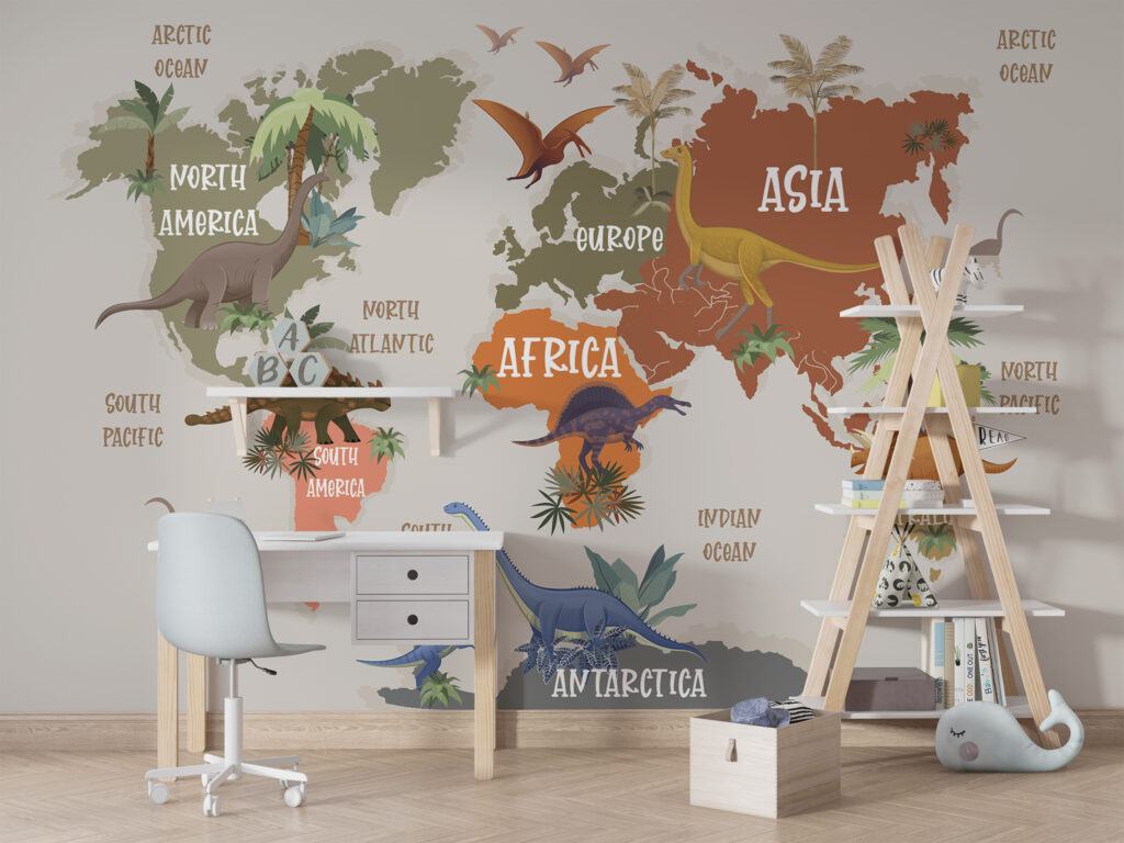 Dinosaur World Map Wallpaper : Kids Continents Mural - View 4