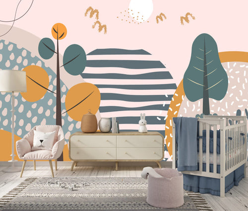 Boho Hills Wallpaper : Trees And Stripes Kids Mural